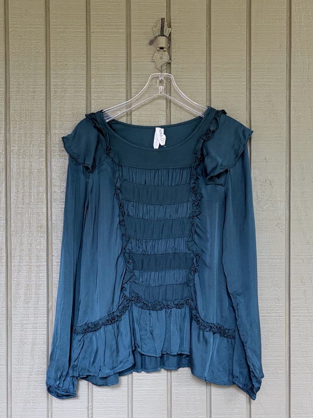 Amadi Anthropologie Teal Blue Ruffle Smocked Tiered Blouse Medium EUC